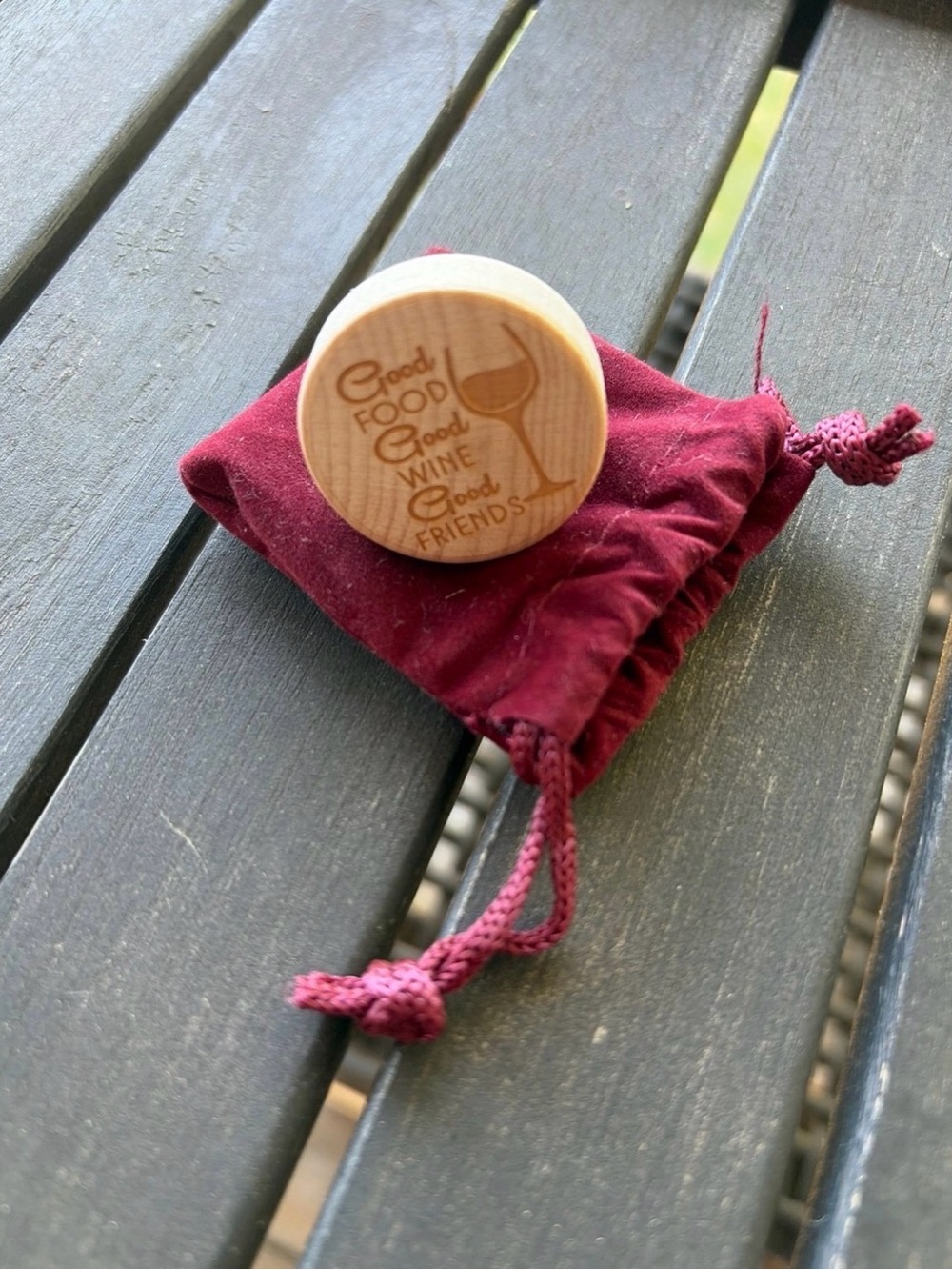 Wooden Wine Stopper with Engraved Wine Quote - Burgundy Pouch